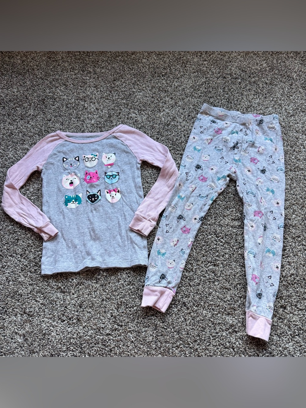 Girls Pink & Gray Cat Two Piece Pajama Set